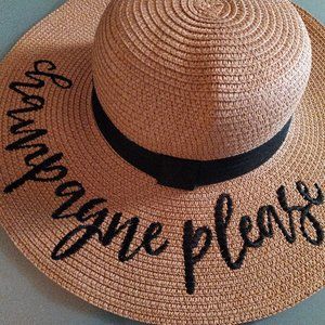 "champagne please" Summer Straw Hat w/ Black Ribbon